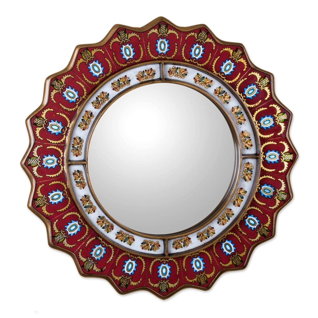 Ruby Medallion Reverse Painted Glass Red Mirror - N/A