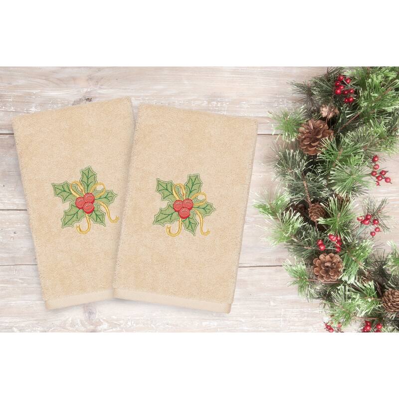 Authentic Hotel and Spa Turkish Cotton Christmas Holly Beige Set of 2 Hand Towels
