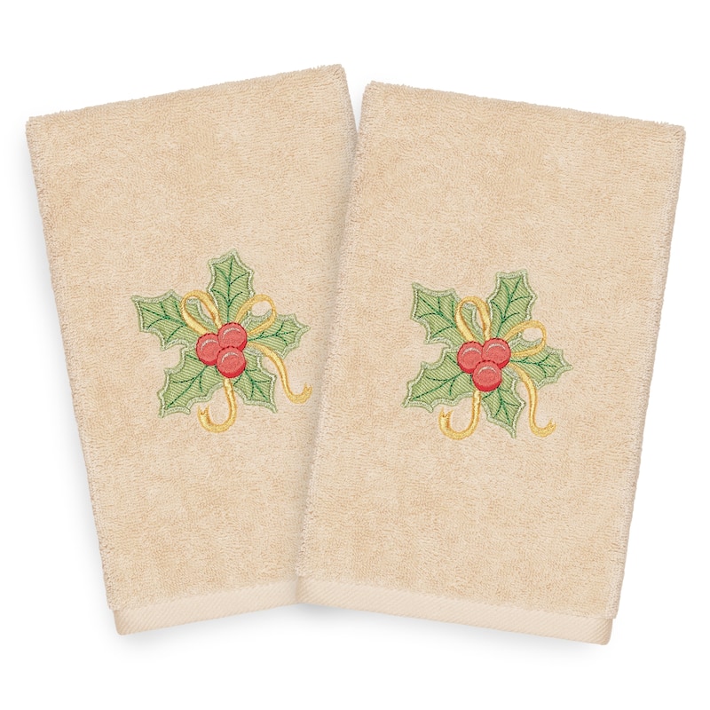 Authentic Hotel and Spa Turkish Cotton Christmas Holly Beige Set of 2 Hand Towels