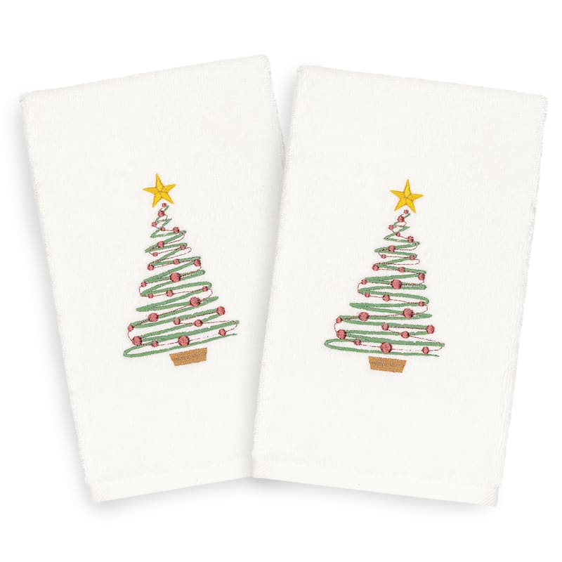 Authentic Hotel and Spa Turkish Cotton Christmas Tree White Set of 2 Hand Towels
