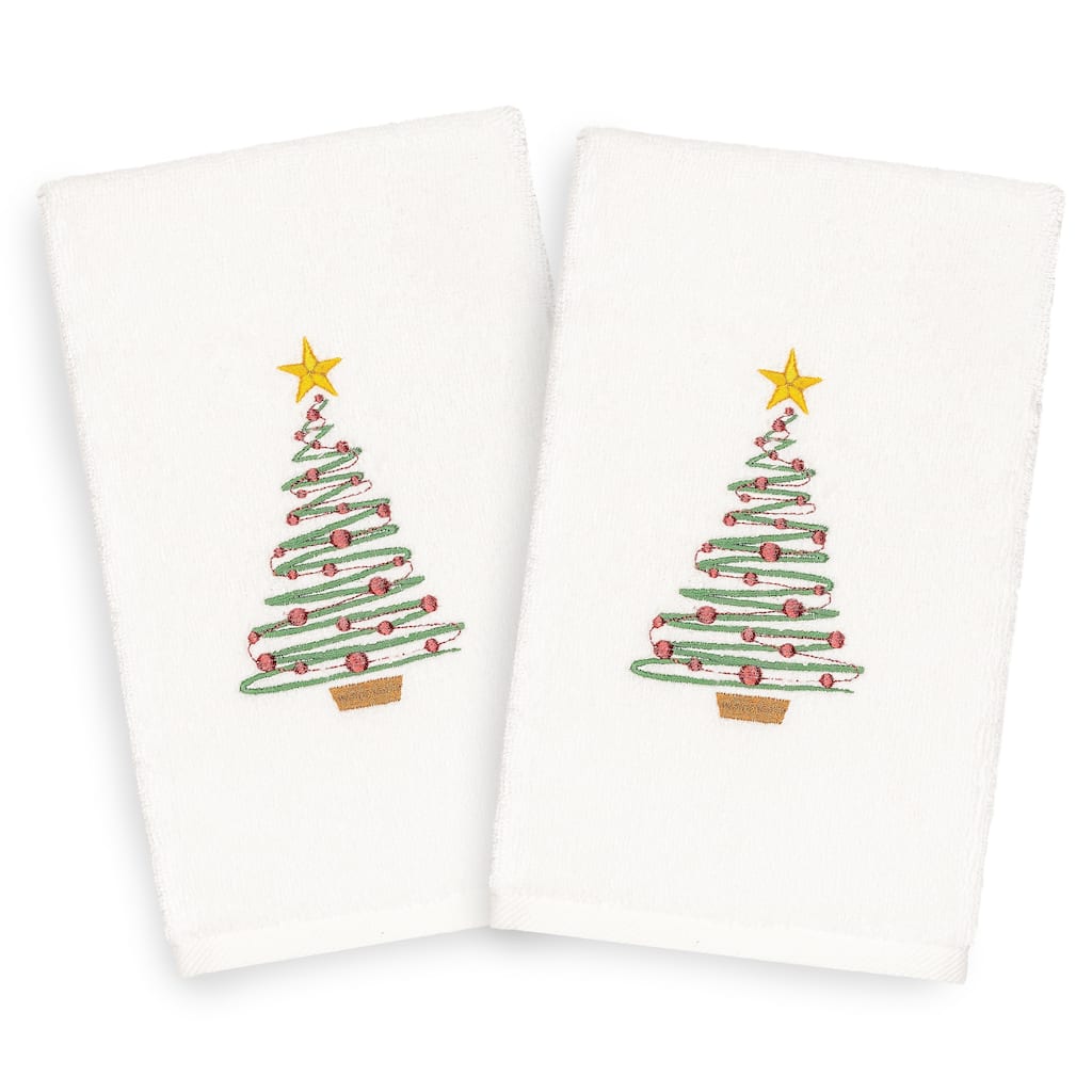 Authentic Hotel and Spa Turkish Cotton Christmas Tree White Set of 2 Hand Towels