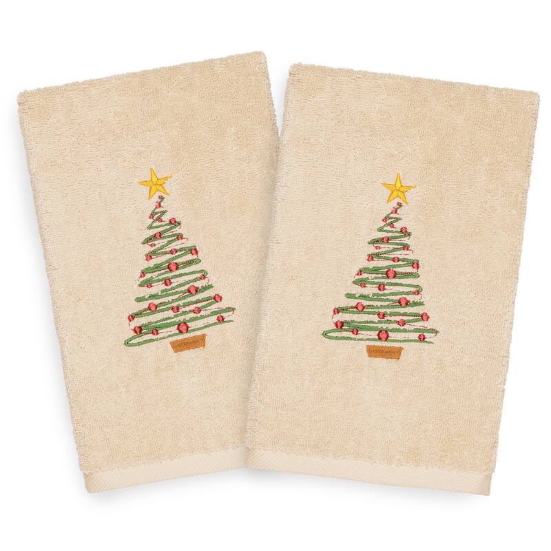 Authentic Hotel and Spa Turkish Cotton Christmas Tree Beige Set of 2 Hand Towels