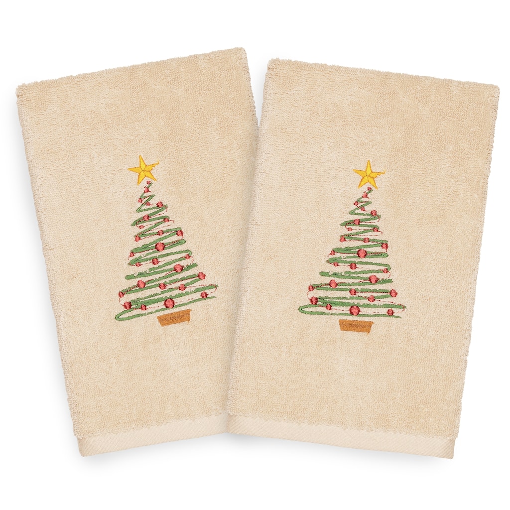 Authentic Hotel and Spa Turkish Cotton Christmas Tree Beige Set of 2 Hand Towels