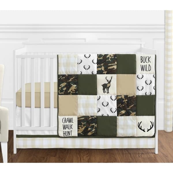 Sweet Jojo Designs Green Beige Deer Buffalo Plaid Check Woodland Camo Camouflage Collection Boy 4 Piece Crib Bedding Set