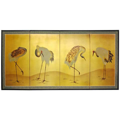 Silk, Wood and Rice Paper Gold Leaf Cranes Screen