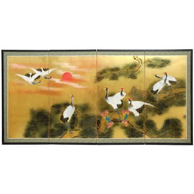 Silk Sunset Cranes Gold Leaf Screen (China)