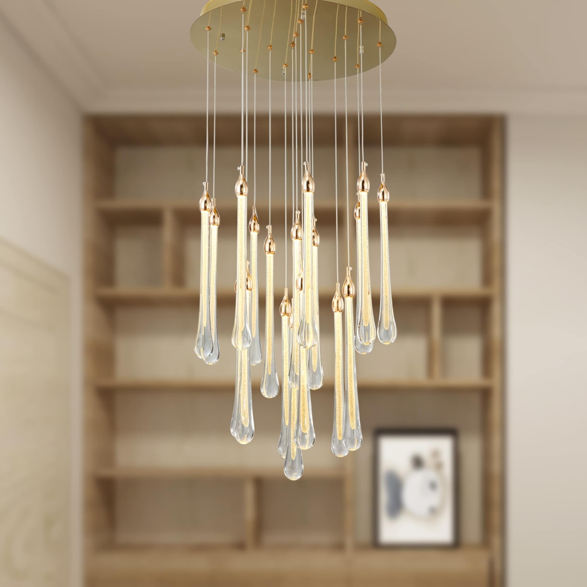 Garnett Gold 24-inch LED Pendant Chandelier with 19 Lighted Glass Droplet Rods (Adjustable Height) - Chandeliers For Bedrooms by Overstock.com