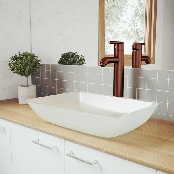 VIGO White Frost Glass Vessel Bathroom Sink Set with Seville Faucet