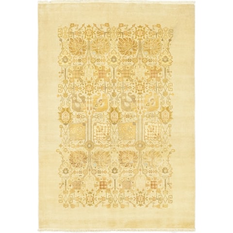 Oriental Silky Oushak, One-of-a-Kind Hand-Knotted Area Rug - Ivory, 6' 0" x 8' 9" - 6 x 9