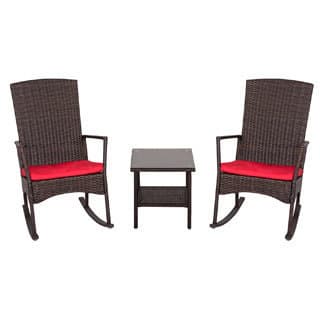 Kinbor 3 piece Wicker Rocking Chair Bistro Set Patio Chat Set All-weather Outdoor Furniture Set w/ Cushions & Table