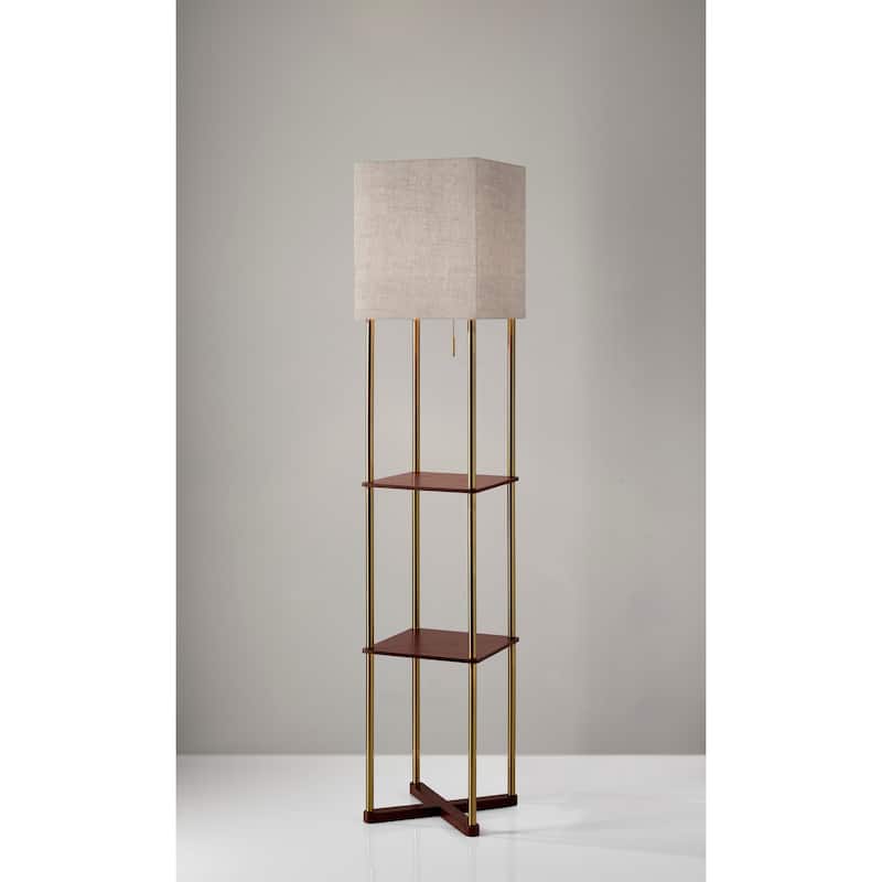Adesso Harrison Antique Brass and Walnut Wood Shelf Floor Lamp