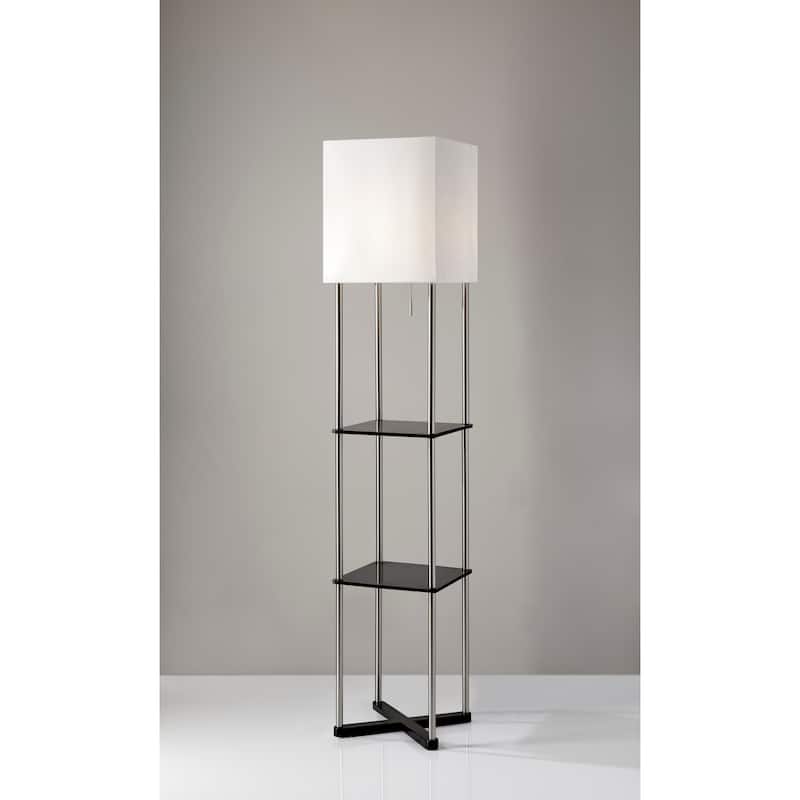 Adesso Harrison Antique Brass and Walnut Wood Shelf Floor Lamp
