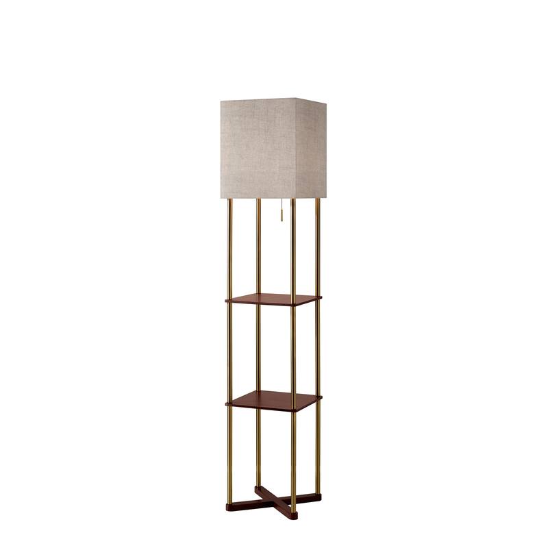 Adesso Harrison Antique Brass and Walnut Wood Shelf Floor Lamp