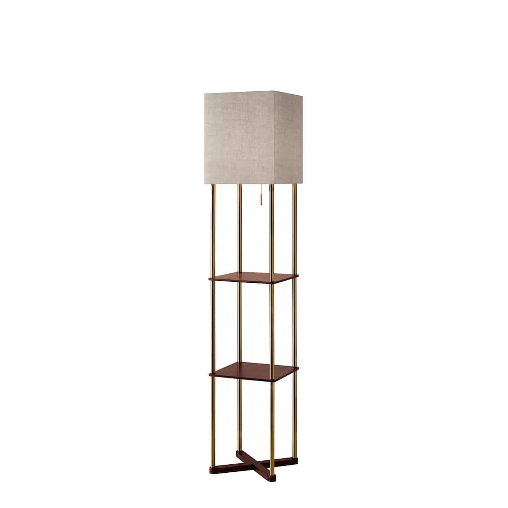 Adesso Harrison Antique Brass and Walnut Wood Shelf Floor Lamp