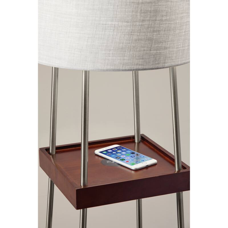 Adesso Henry Brushed Steel and Walnut Poplar Wood Shelf Floor Lamp with AdessoCharge wireless charging pad