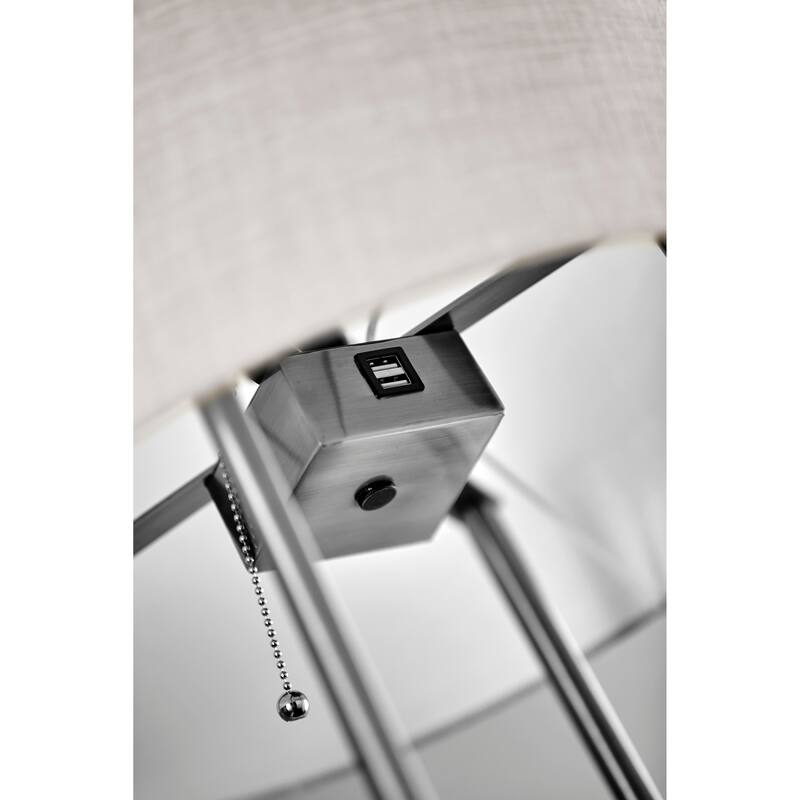 Adesso Henry Brushed Steel and Walnut Poplar Wood Shelf Floor Lamp with AdessoCharge wireless charging pad