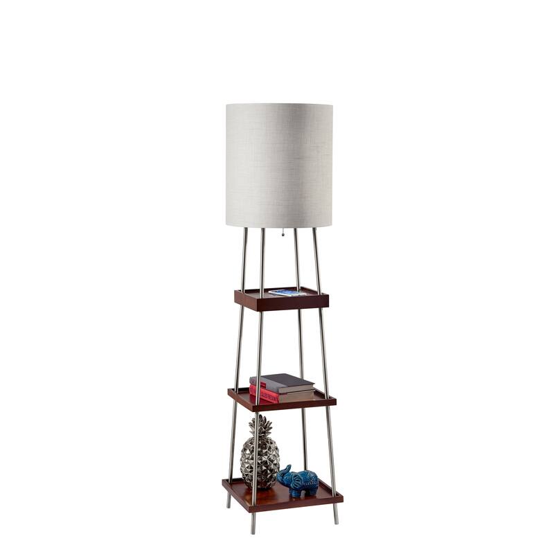 Adesso Henry Brushed Steel and Walnut Poplar Wood Shelf Floor Lamp with AdessoCharge wireless charging pad