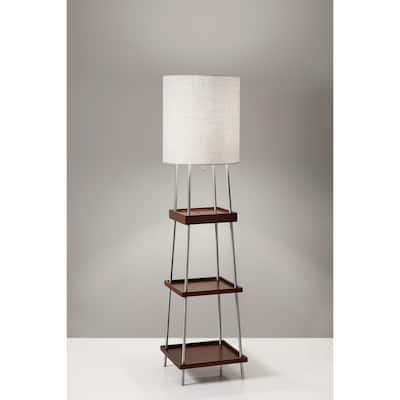 Adesso Henry Brushed Steel and Walnut Poplar Wood Shelf Floor Lamp with AdessoCharge wireless charging pad