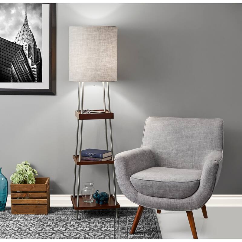 Adesso Henry Brushed Steel and Walnut Poplar Wood Shelf Floor Lamp with AdessoCharge wireless charging pad