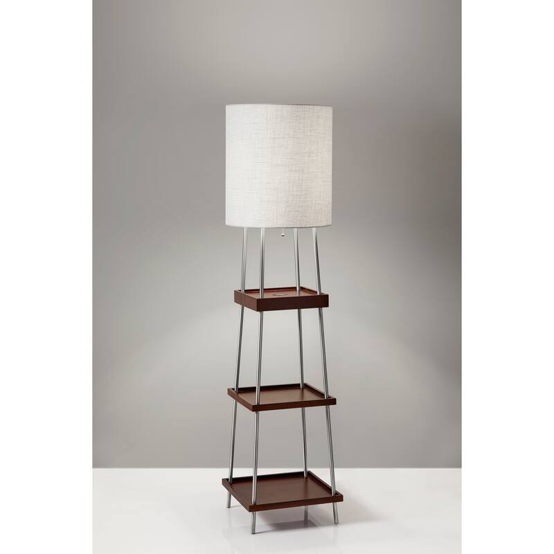 Adesso Henry Brushed Steel and Walnut Poplar Wood Shelf Floor Lamp with AdessoCharge wireless charging pad