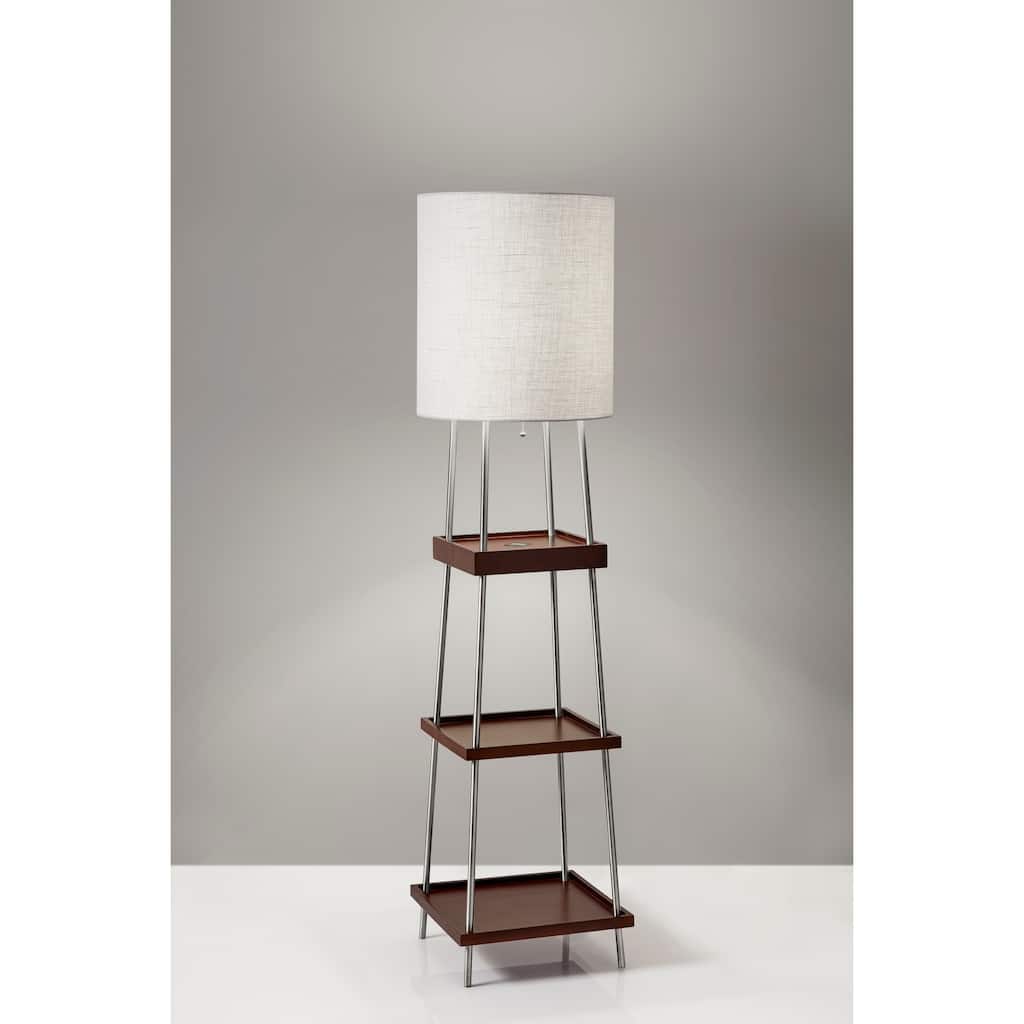 Adesso Henry Brushed Steel and Walnut Poplar Wood Shelf Floor Lamp with AdessoCharge wireless charging pad