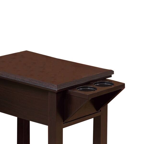 Wooden Chairside Table With Two Cup Holders Red Cocoa Brown Wooden Chairside Table With Two