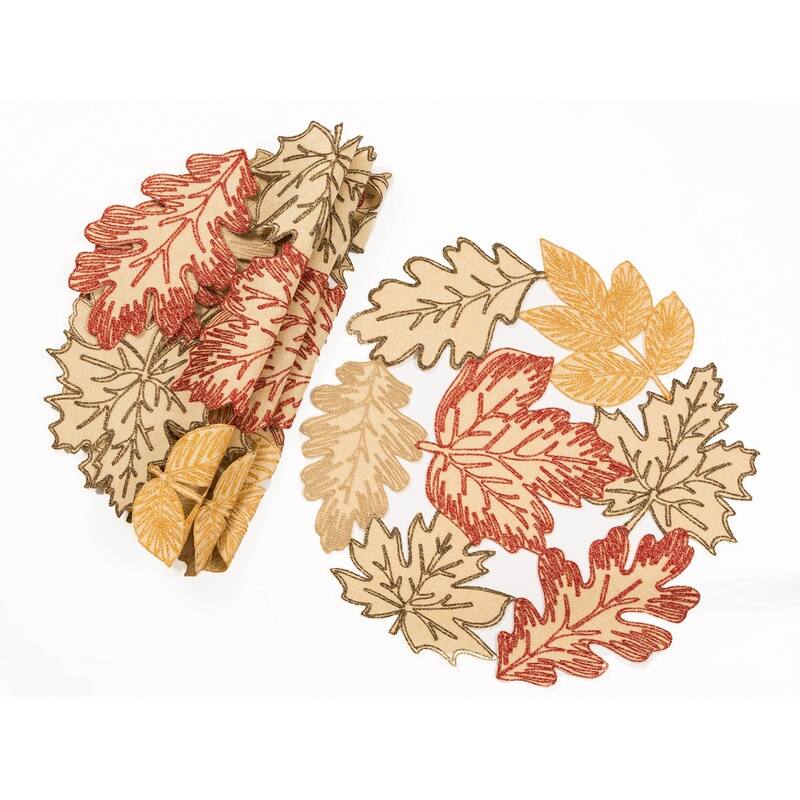 Autumn Leaves Embroidered Cutwork 16-Inch Round Placemats, Set of 4, White - 16"x16"