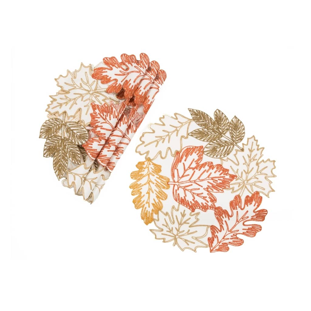 Autumn Leaves Embroidered Cutwork 16-Inch Round Placemats, Set of 4, White - 16"x16"