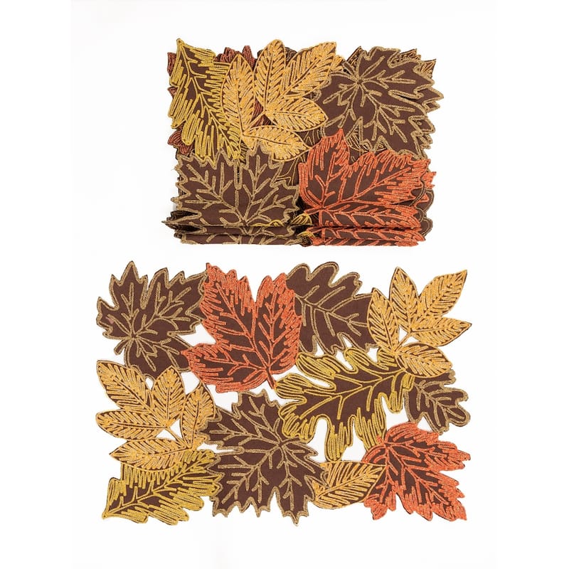 Autumn Leaves Embroidered Cutwork 14 by 20-Inch Placemats, Set of 4, White - 14"x20"
