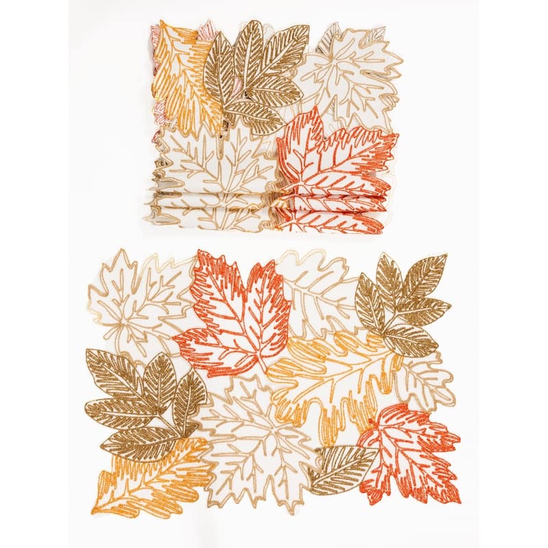 Autumn Leaves Embroidered Cutwork 14 by 20-Inch Placemats, Set of 4, White - 14"x20"