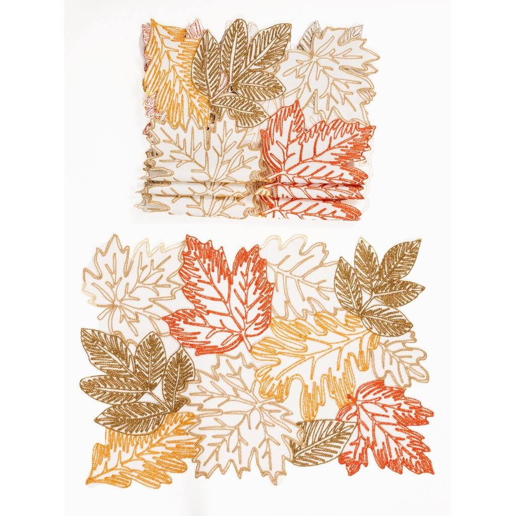 Autumn Leaves Embroidered Cutwork 14 by 20-Inch Placemats, Set of 4, White - 14"x20"