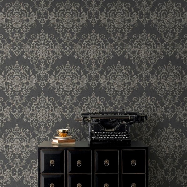 Victorian Damask Black Gold Wallpaper Overstock