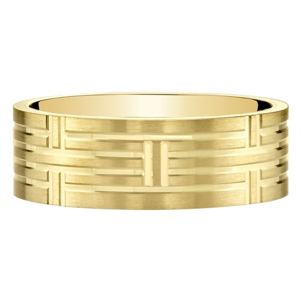 Mens 14K Yellow Gold Wedding Ring Band 7mm Geometric Style Comfort Fit Sizes 8 to 14
