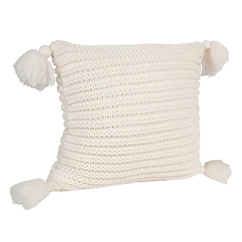 Kate and Laurel Tassey Large Knit Pillow Cover with Tassels - White