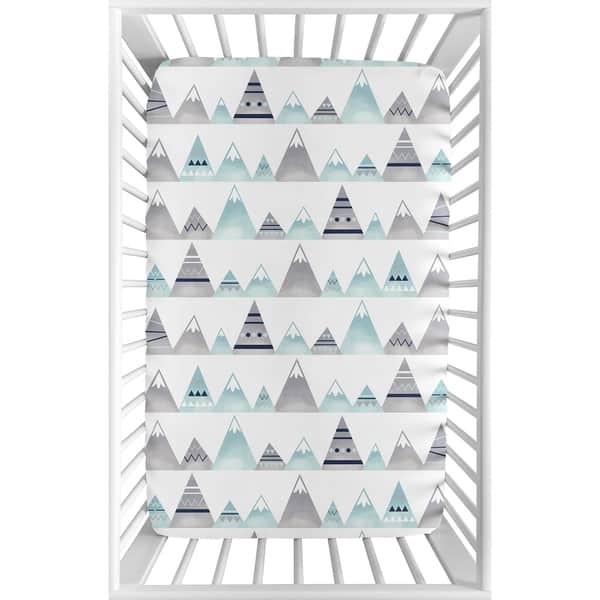slide 2 of 3, Sweet Jojo Designs Navy Blue, Aqua and Grey Aztec Mountains Collection Fitted Mini Portable Crib Sheet