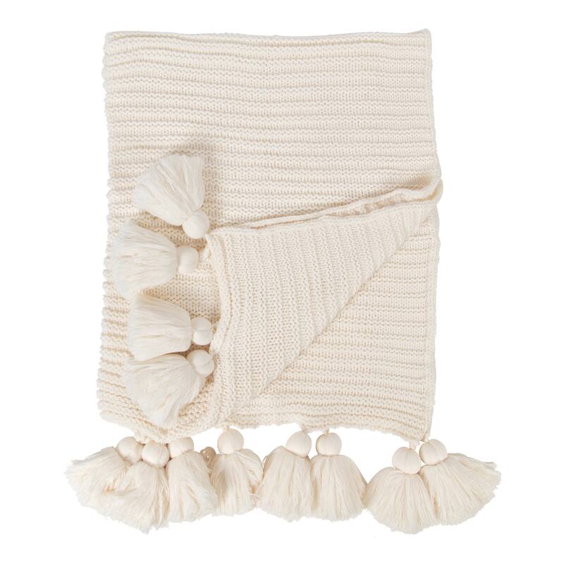 Kate and Laurel Tassey Knit Ribbed Blanket with Tassels - White
