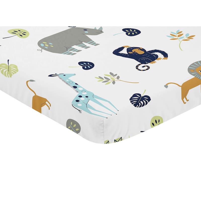 Sweet Jojo Designs Turquoise and Navy Blue Safari Animal Mod Jungle Collection Fitted Mini Portable Crib Sheet