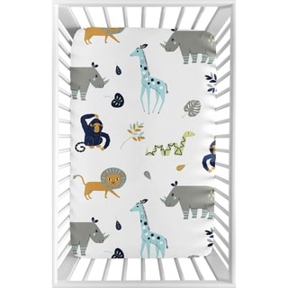 Sweet Jojo Designs Turquoise and Navy Blue Safari Animal Mod Jungle Collection Fitted Mini Portable Crib Sheet