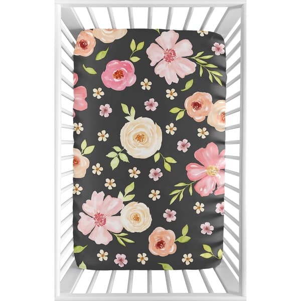 slide 2 of 3, Sweet Jojo Designs Black and Blush Pink Shabby Chic Watercolor Floral Collection Fitted Mini Portable Crib Sheet Rose