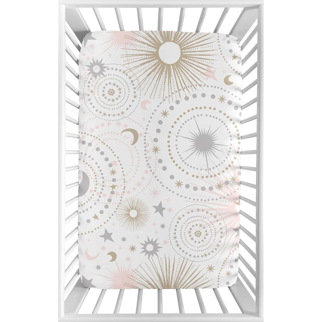 Sweet Jojo Designs Blush Pink, Gold, Grey and White Star and Moon Celestial Collection Fitted Mini Portable Crib Sheet