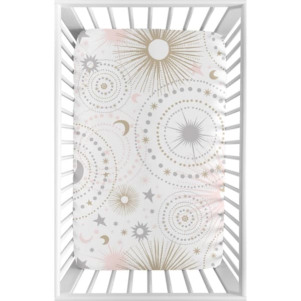 slide 2 of 3, Sweet Jojo Designs Blush Pink, Gold, Grey and White Star and Moon Celestial Collection Fitted Mini Portable Crib Sheet