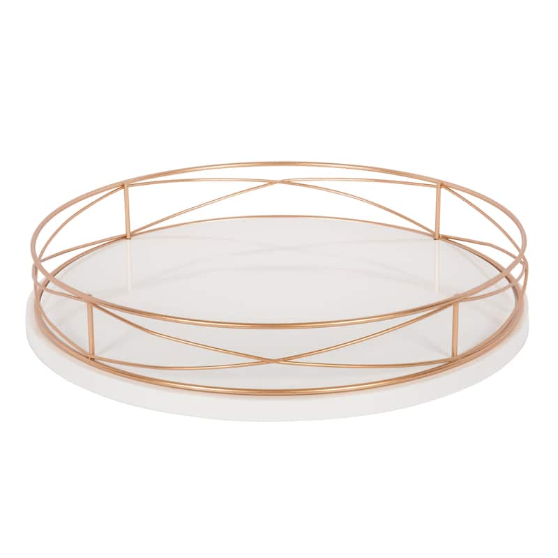Kate and Laurel Mendel Round Tray with Decorative Metal Rim - 14" diameter - White/Gold