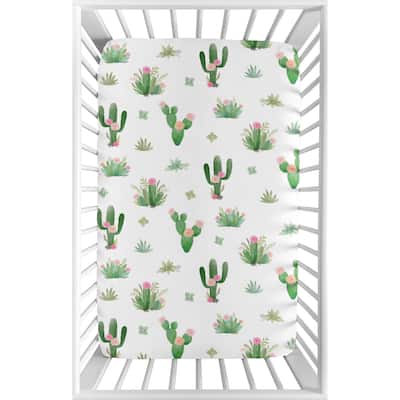 Sweet Jojo Designs Pink and Green Boho Watercolor Cactus Floral Collection Fitted Mini Portable Crib Sheet