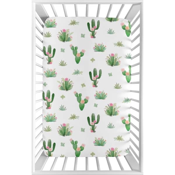 slide 2 of 3, Sweet Jojo Designs Pink and Green Boho Watercolor Cactus Floral Collection Fitted Mini Portable Crib Sheet