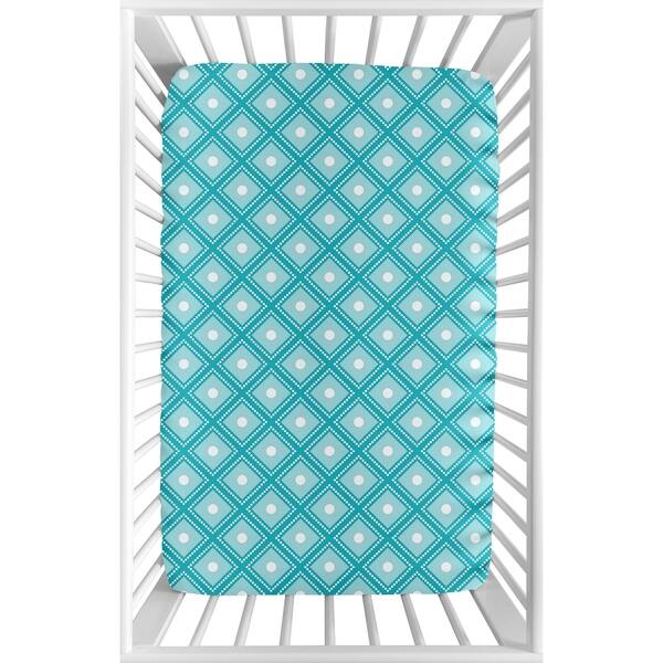 slide 2 of 3, Sweet Jojo Designs Turquiose and White Diamond Mod Elephant Collection Fitted Mini Portable Crib Sheet