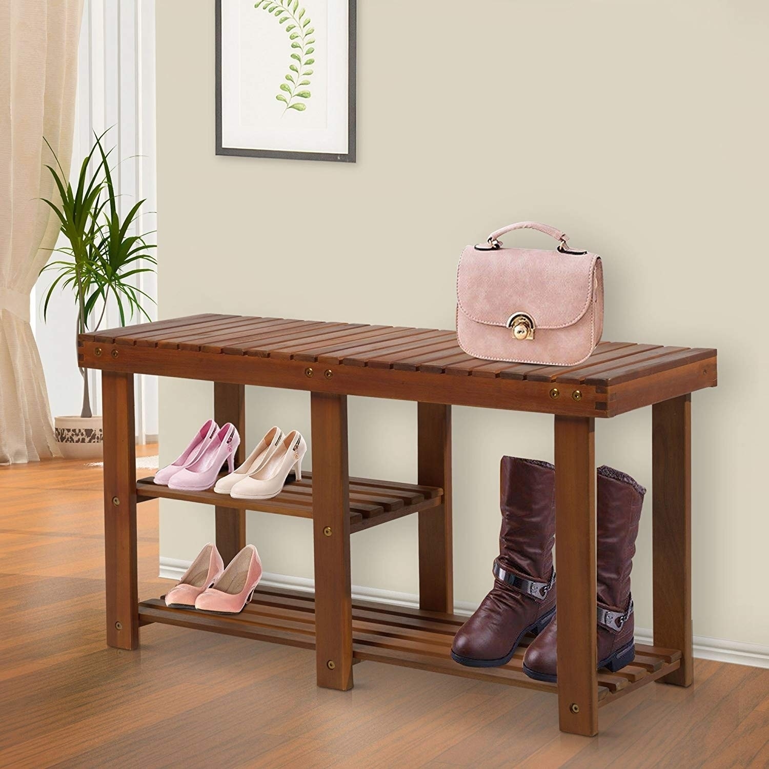 Shop Black Friday Deals On Homcom 3 Tier Acacia Wood Rustic Country Entryway Bench With Shoe Storage Teak On Sale Overstock 23053044