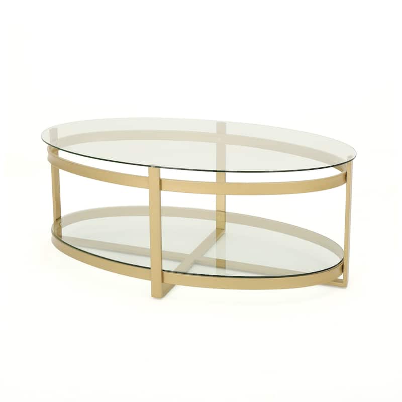 Plumeria Modern Glam Tempered Glass Oval Coffee Table with Iron Frame by Christopher Knight Home - Brass
