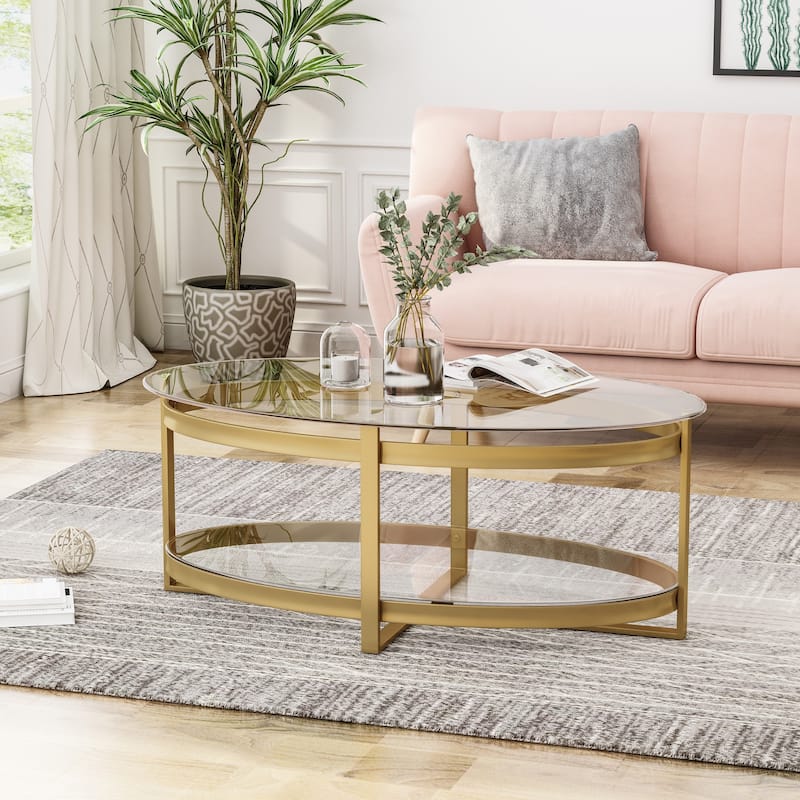 Plumeria Modern Glam Tempered Glass Oval Coffee Table with Iron Frame by Christopher Knight Home
