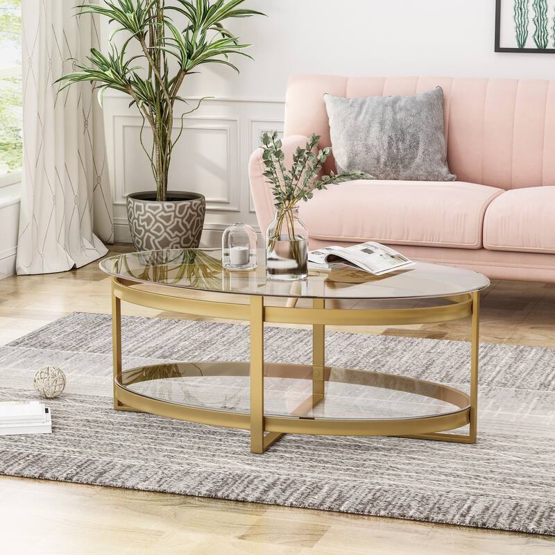 Plumeria Modern Glam Tempered Glass Oval Coffee Table with Iron Frame