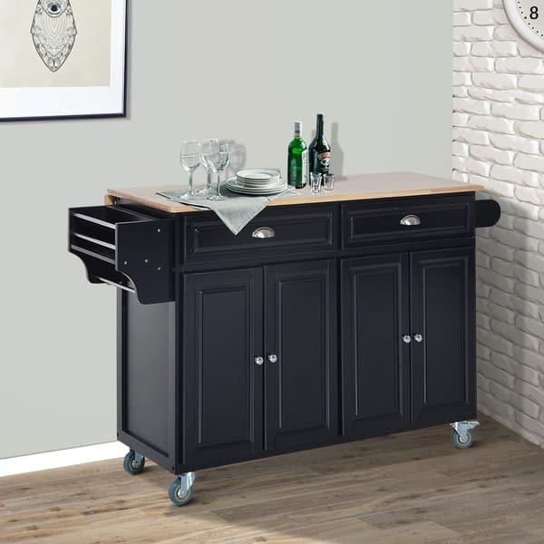 Homcom Wood Top Drop Leaf Multi Storage Cabinet Rolling Kitchen Island Table Cart With Wheels Black Overstock 23055932